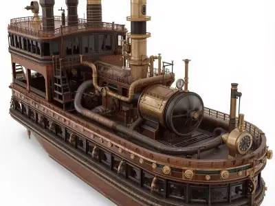 Stylized 3D Steampunk Passenger Riverboat Low-poly 3D model