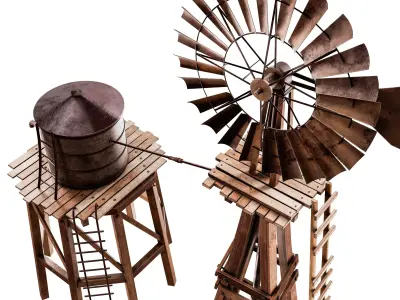 Western Windmill Farm Set Low-poly 3D model
