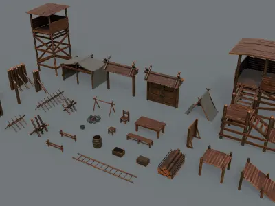 Set of 33 Medieval Bandit Camping Assets Low-poly 3D model