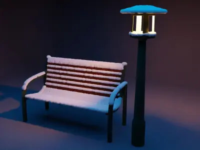 Park bench with lantern Low-poly 3D model