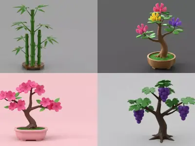 Flower Bonsai Tree 3D asset - Bundle of 4 3D model