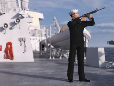 US Navy Sailor in Black Uniform with Rifle 
