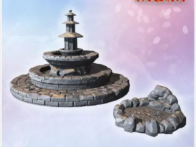 Large fountain with layered circular stone basins and adjacent d 3D print model