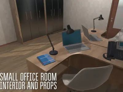 Small office room - interior and props Low-poly 3D model