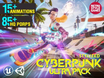 Stylized Cyberpunk 3D Animated Character and City Props Pack Low-poly 3D model