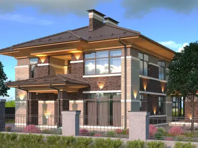 The house is finished with stone brick and wood 3D model