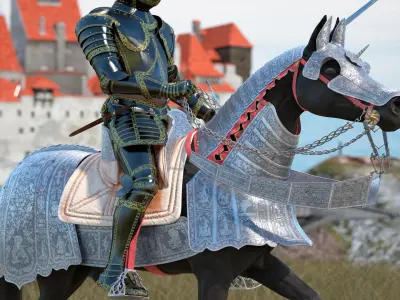  Medieval Horse in Armor with Knight Riding Fur 