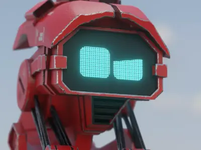red sci-fi flying Surveillance robot helper with face display Low-poly 3D model