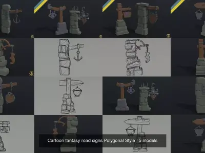 Cartoon fantasy road signs Polygonal Style 3D Model Pack