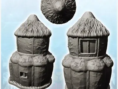 Round two-storey dwelling with wooden logs and straw roof 15 - M 3D print model