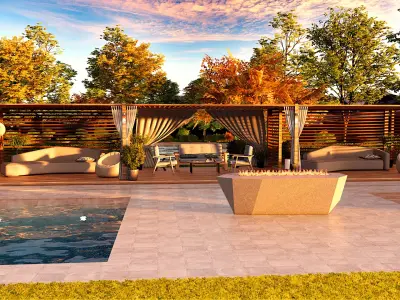 Modern pool lounge with firepit 3d model Low-poly 3D model