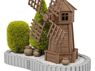 Garden decorative wooden mill with thujas 3D model