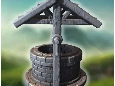 Round stone well with wooden roof hand crank and visible brick d 3D print model
