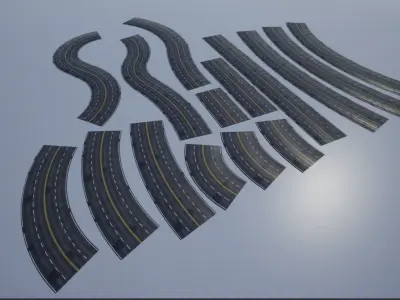 Modular Patched 4-Lane Highway Roads 4K-2K Low-poly 3D model