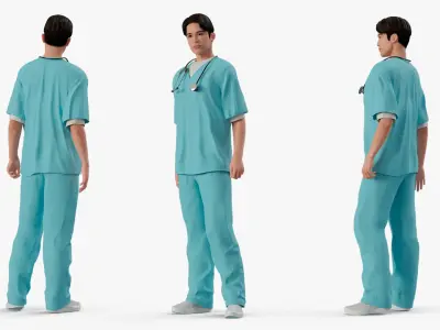  Asian Medic with Stethoscope Rigged for Cinema 4D 