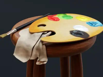 Carved Wood Easel and Painting Set 3D model