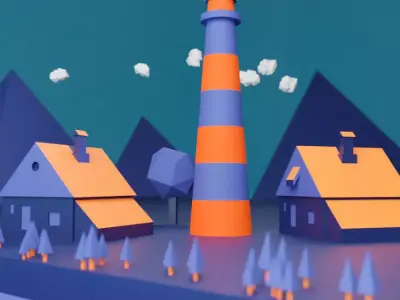 Light house in village Low-poly 3D model