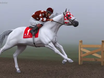 Running White Racing Horse with Jokey 