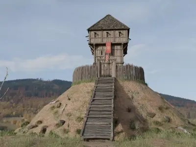 Early Medieval Norman Wooden Donjon Motte-and-Bailey Keep Low-poly 3D model