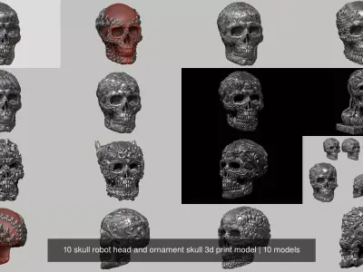 10 skull robot head and ornament skull 3d print model 3D Model Pack