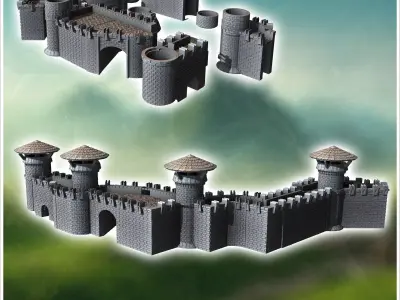 Set of modular stone medieval walls with roof towers 23 - Mediev 3D print model