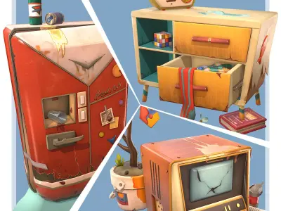 Cartoon indoor props TV electromechanical fan refrigerator radio Low-poly 3D model