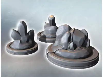 Set of three crystals and rocks on round bases 1 - Medieval Fant 3D print model