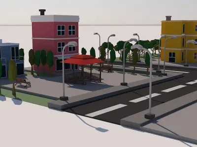 five building street Low-poly 3D model