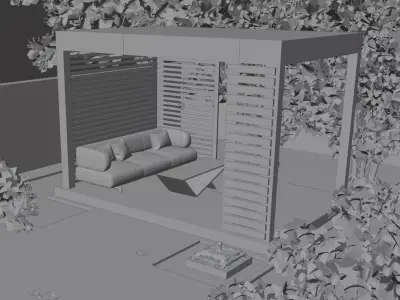 Outdoor Relaxation Gazebo with Sofa Table Fountain 3D model