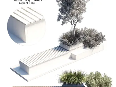 Urban Environment Urban Furniture Green Benches Plants Low-poly 3D model