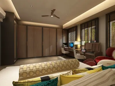 Bedroom Model with wooden flooring and ceiling fan 3D model