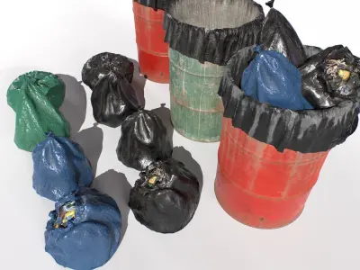 Drum trash can and trash bags Low-poly 3D model