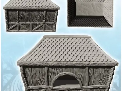 Rectangular medieval house with tiled roof and round window 21 - 3D print model