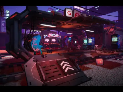 Stylized Cyberpunk Arcade Environment Low-poly 3D model
