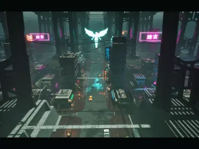 High-Fidelity Modular Cyberpunk Streets Unreal environment Low-poly 3D model