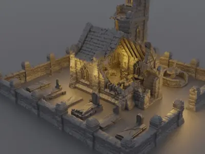Ruined Small Church Tabletop Terrain 28 mm 3D print model