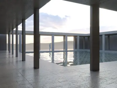 Desert square concrete landscape with pool 3D model