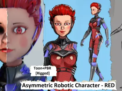 Asymmetric Robotic Character RED Low-poly 3D model