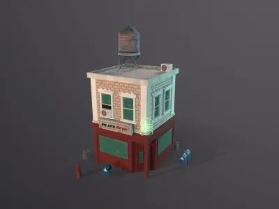 Stylized city burger cafe restaurant house game ready PBR Low-poly 3D model