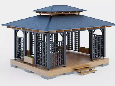 Wooden gazebo with decorative lathing 3D model