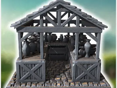 Covered wooden stall with shelves displaying various ceramic pot 3D print model