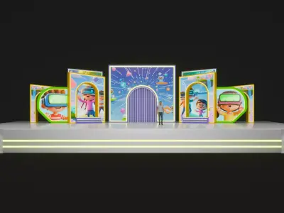 VR Kids Tech Event Stage Set 3D Model and Cartoon Backdrop 3D model
