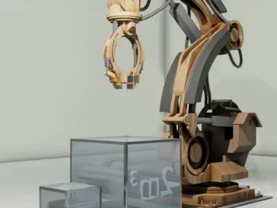Rigged Industrial Robot Arm Wood Version Low-poly 3D model