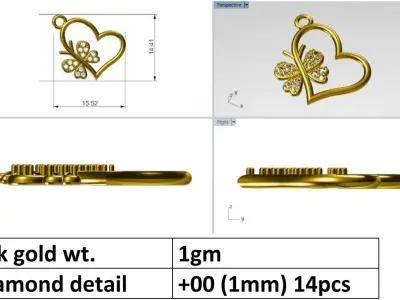 diamond studded butterfly heart pendant  3D print model