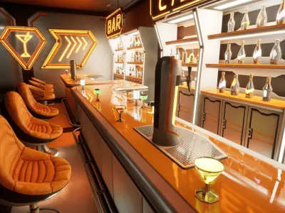 Cyber bar sci fi furniture and neon signs Low-poly 3D model