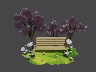 Stylized Park Bench Scene Garden Environment Low Poly Low-poly 3D model