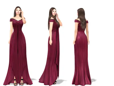 Burgundy Off Shoulder Willow Skirt Long Gown Dress Low-poly 3D model