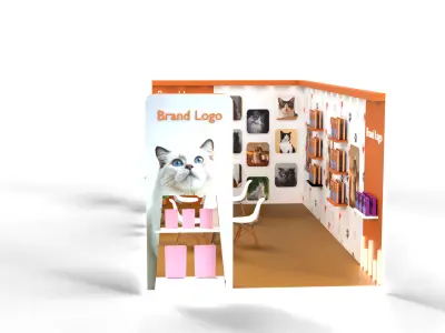 Whimsical cat food booth with heart wall graphics and racks 3D model