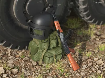  Armor Helmet with Ak-47 Rifle and Tactical Backpack 