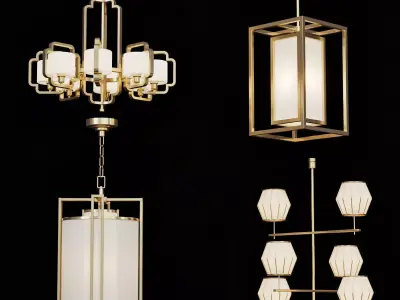 Wide Antique Brass Chandelier and pendant lamps 2 3D model